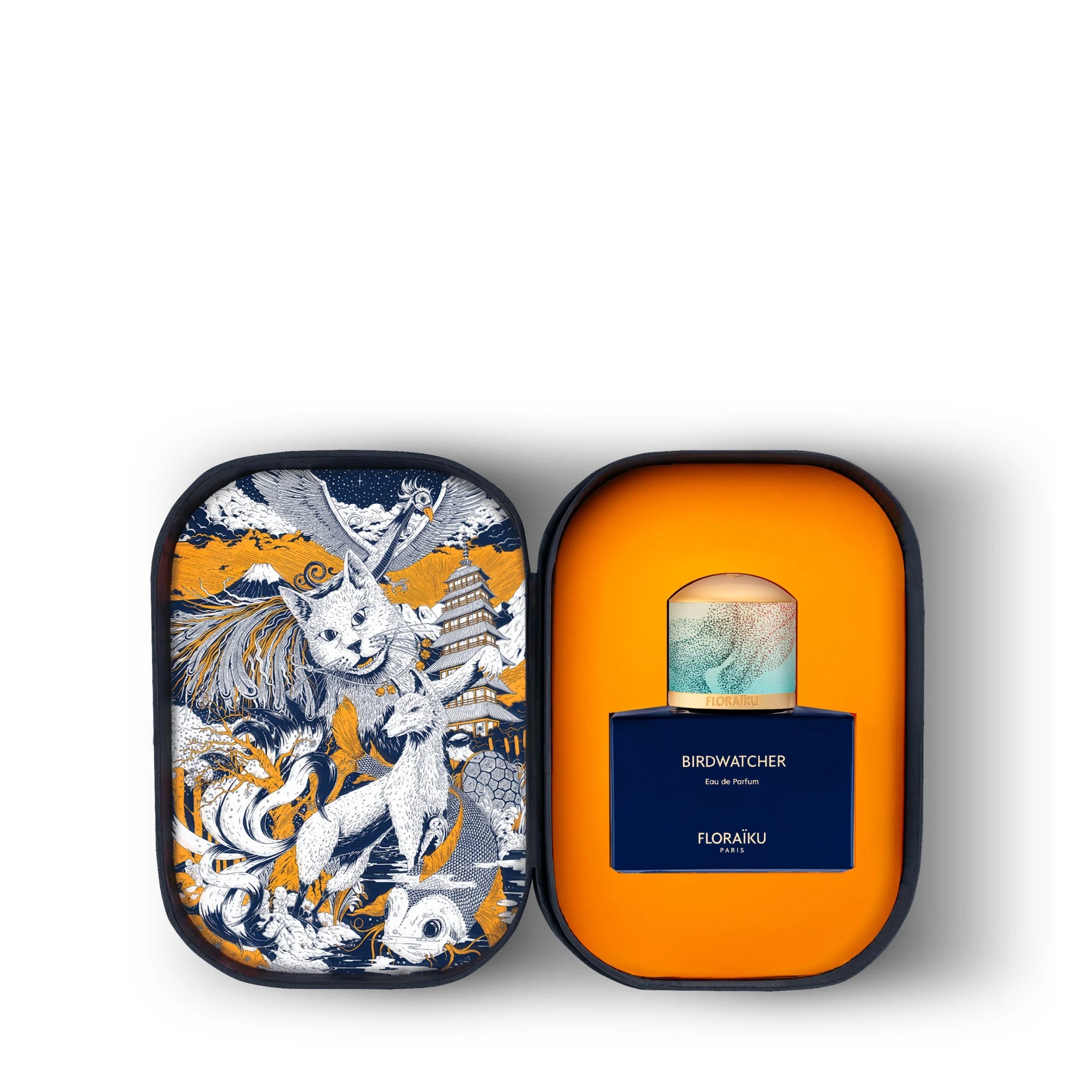 Floraïku Birdwatcher in an open orange case beside a blue, white and orange illustration of birds and mythical animals.